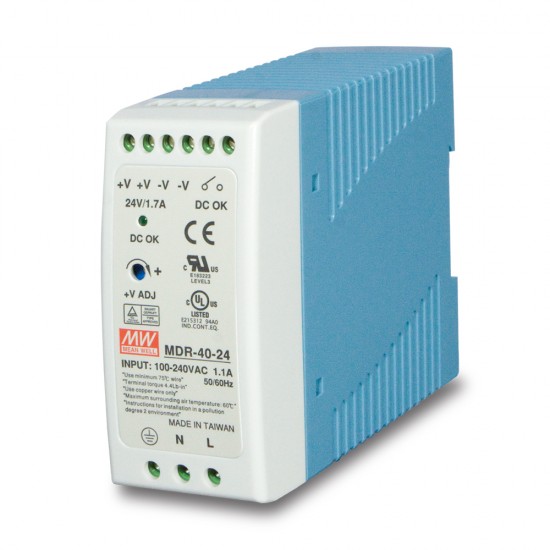 MDR-40-24 40w 24V DC Single Output Industrial Din-Rail Power Supply (-20 to 70 Degrees C)