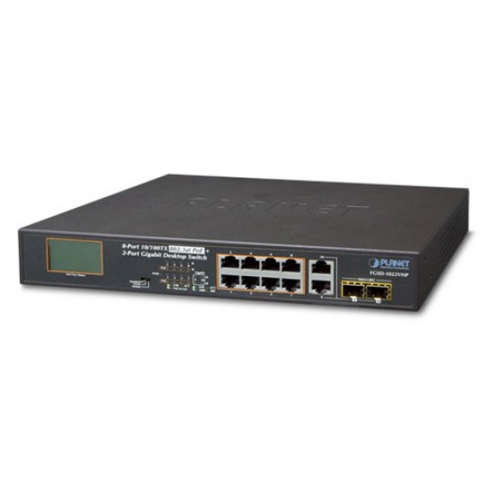 FGSD-1022VHP - 8-Port 10/100TX 802.3at PoE + 2-Port Gigabit TP/SFP combo Desktop Switch with LCD PoE Monitor (120 Watts)